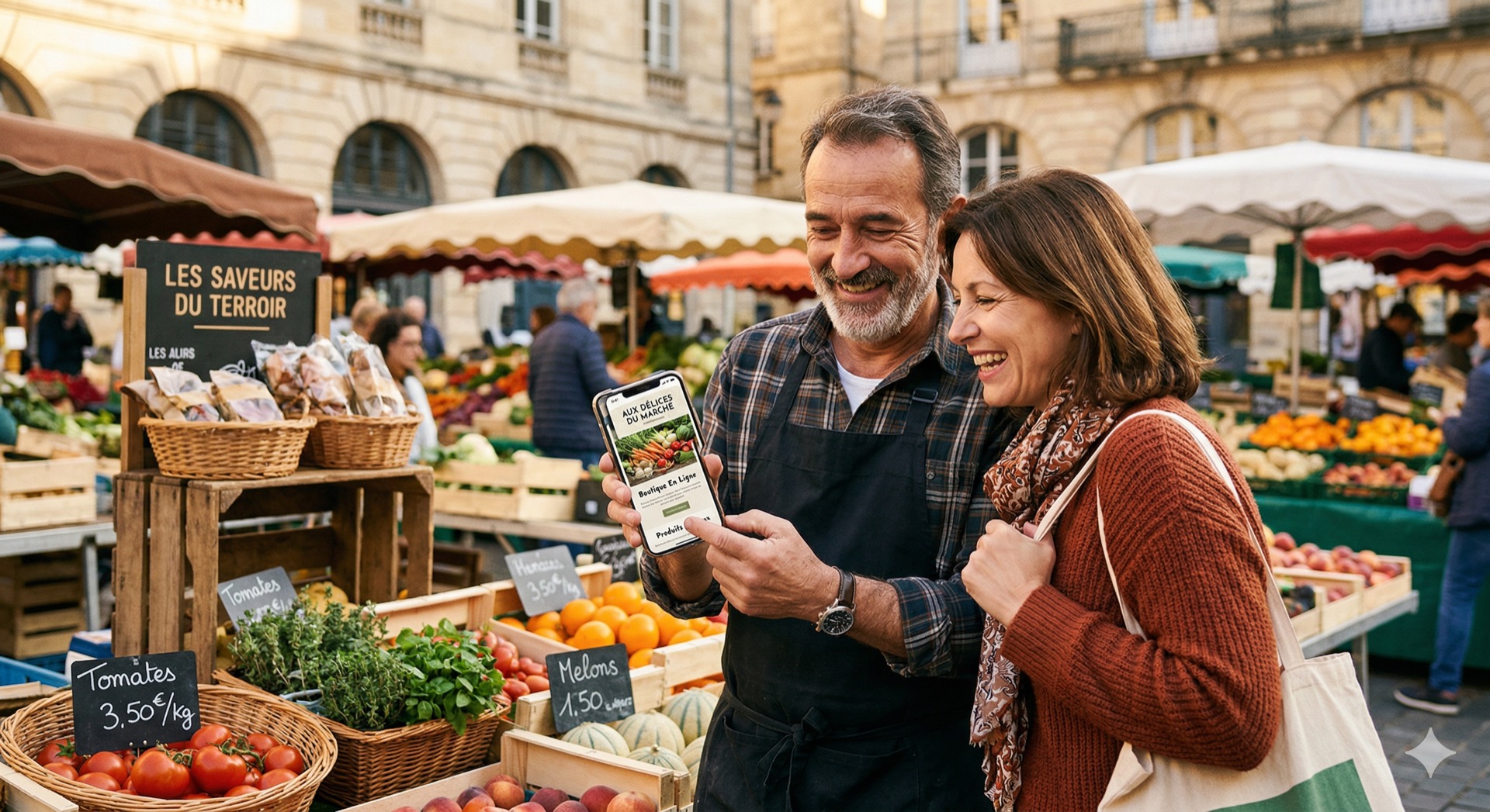 Commerçant montrant son site web à une cliente au marché